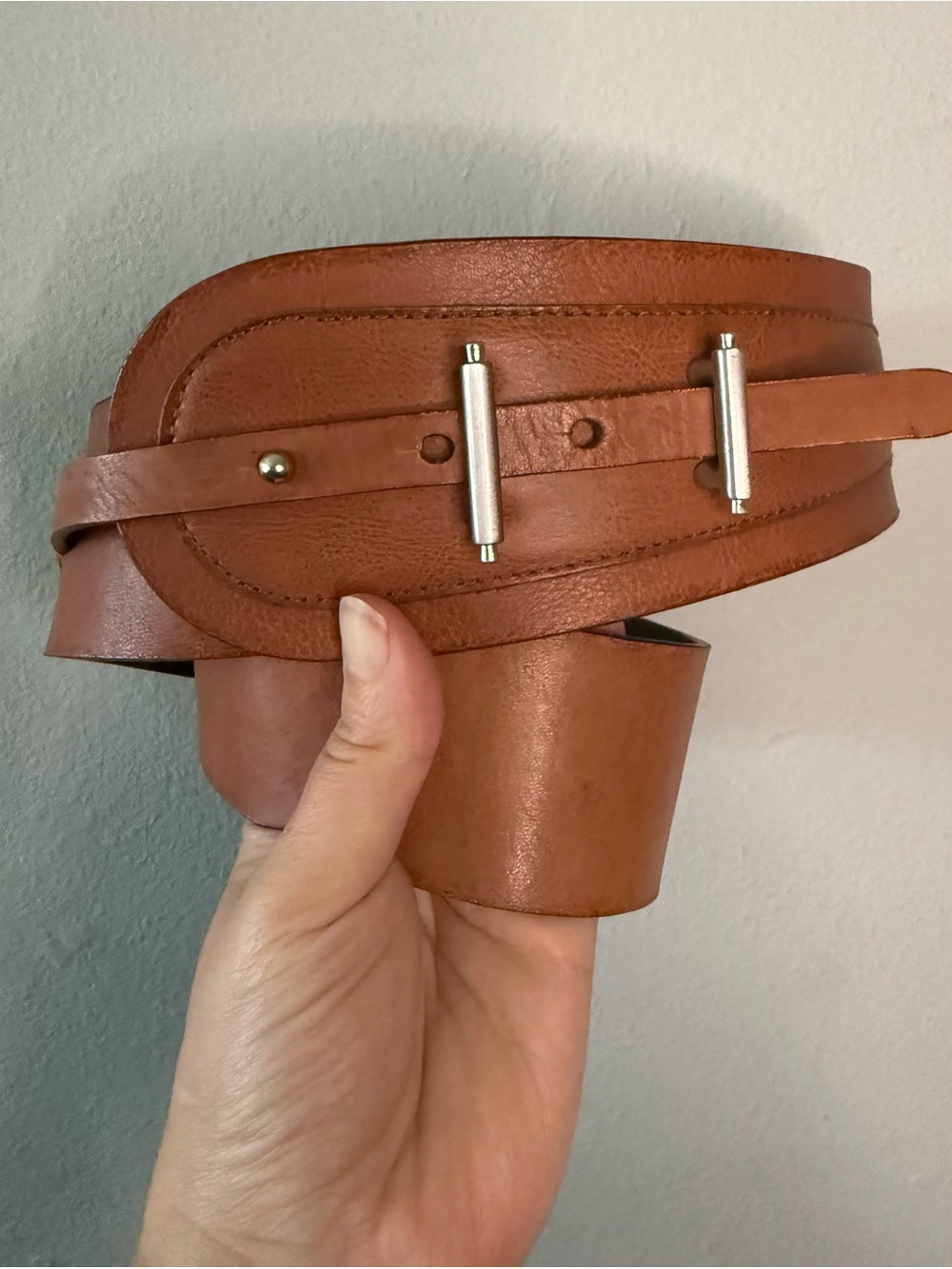 Chico's Cognac Leather Double-Bar Waist Belt